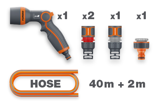 В комплект поставки входят: шланг MaxiFlex (1/2”, 40+2 м), пистолет-распылитель DWG 1020, коннекторы для шланга 13мм-15мм (1/2